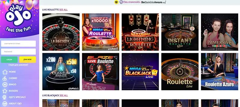 Live Casino Games at Play OjO